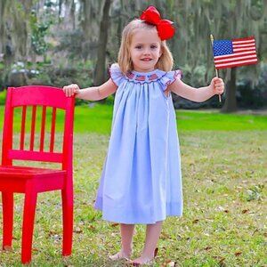 Edgehill Collection | NEW Flag Embroidered Smocked Red White Blue Gingham Dress